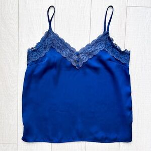 Blue satin cami blouse with lace trim